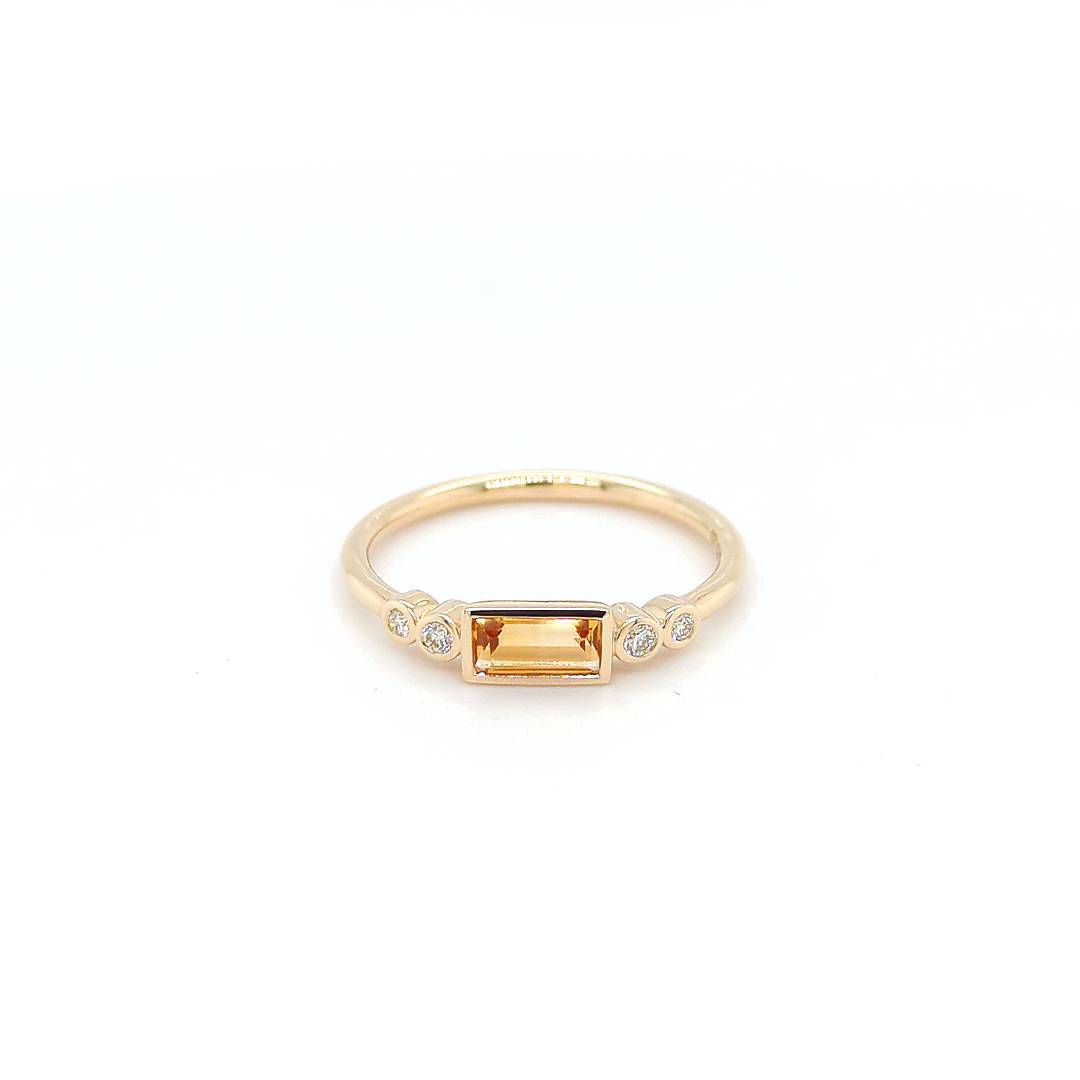 Image of 9ct Yellow Gold Ring featuring a 0.31ct Baguette Citrine and 4 Round Cut Natural Diamonds. Custom jewellery Sunshine Coast & Australia