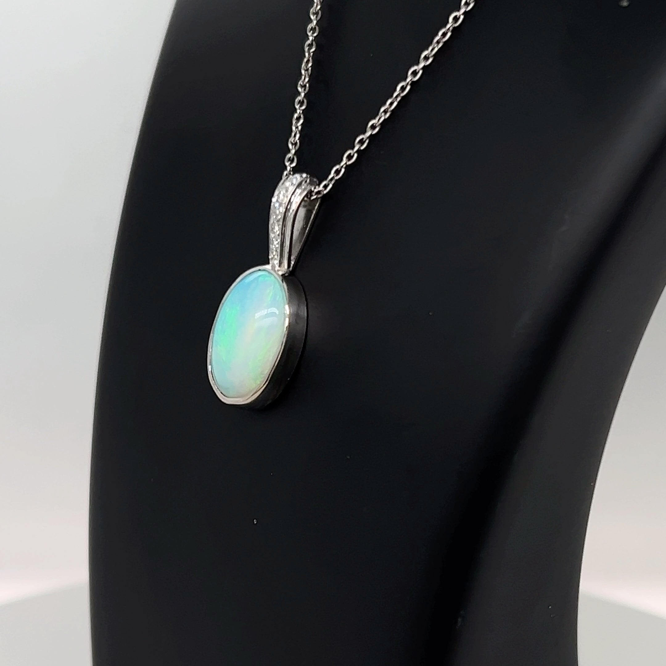 9ct White Gold Opal & Diamond Pendant