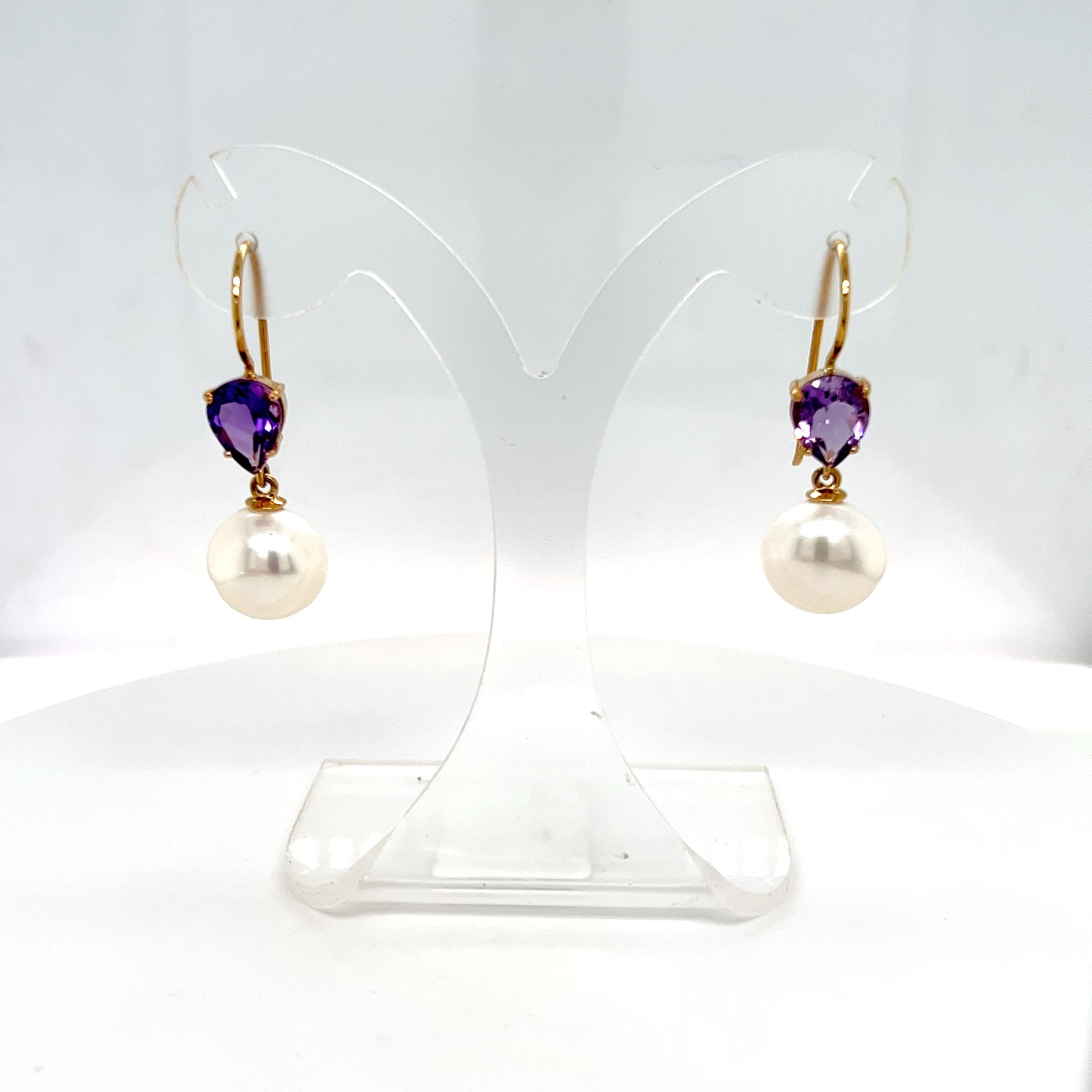 Yellow Gold Pearl and AMthyst Earrings