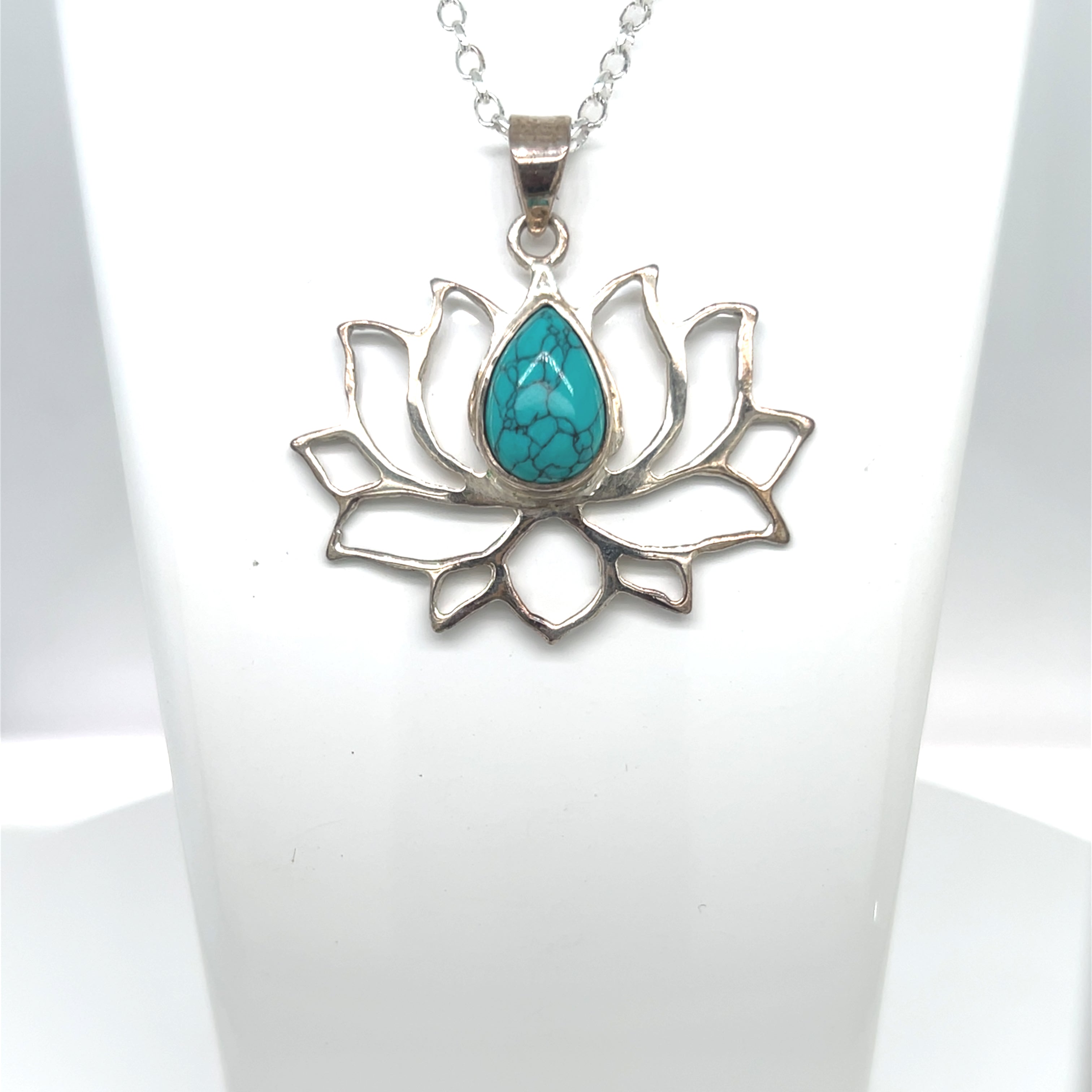 STERLING SILVER LOTUS FLOWER PENDANT WITH TURQUOISE