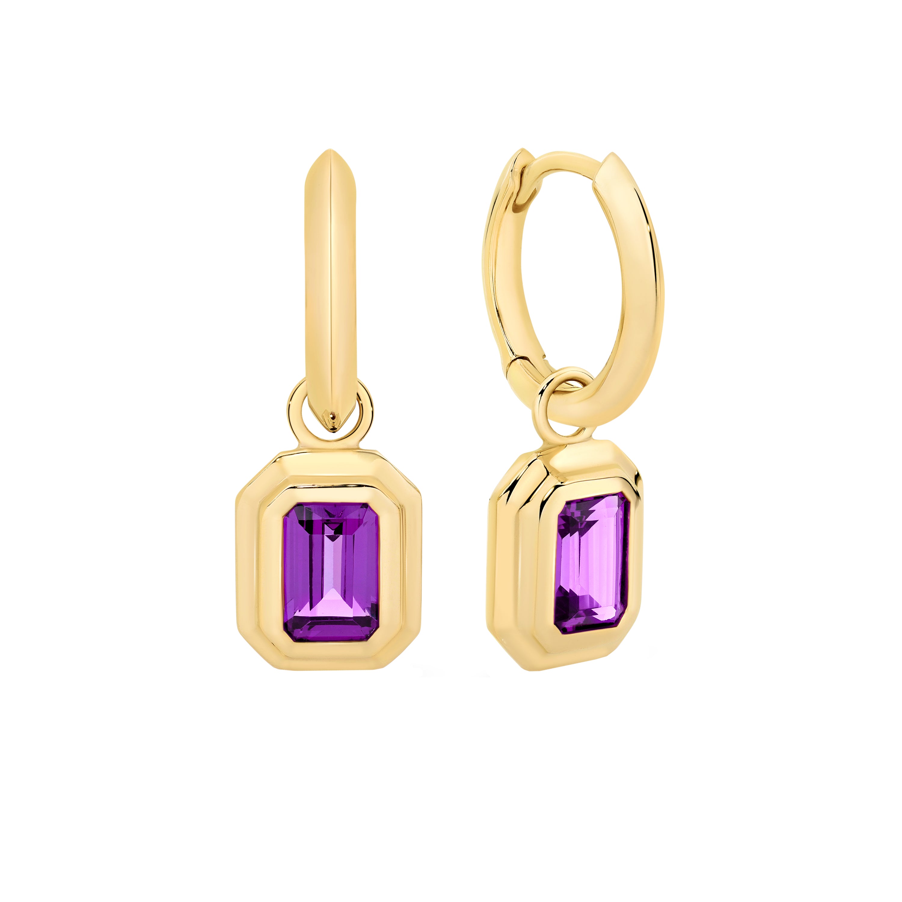 Amethyst emrald cut yellow gold earrings