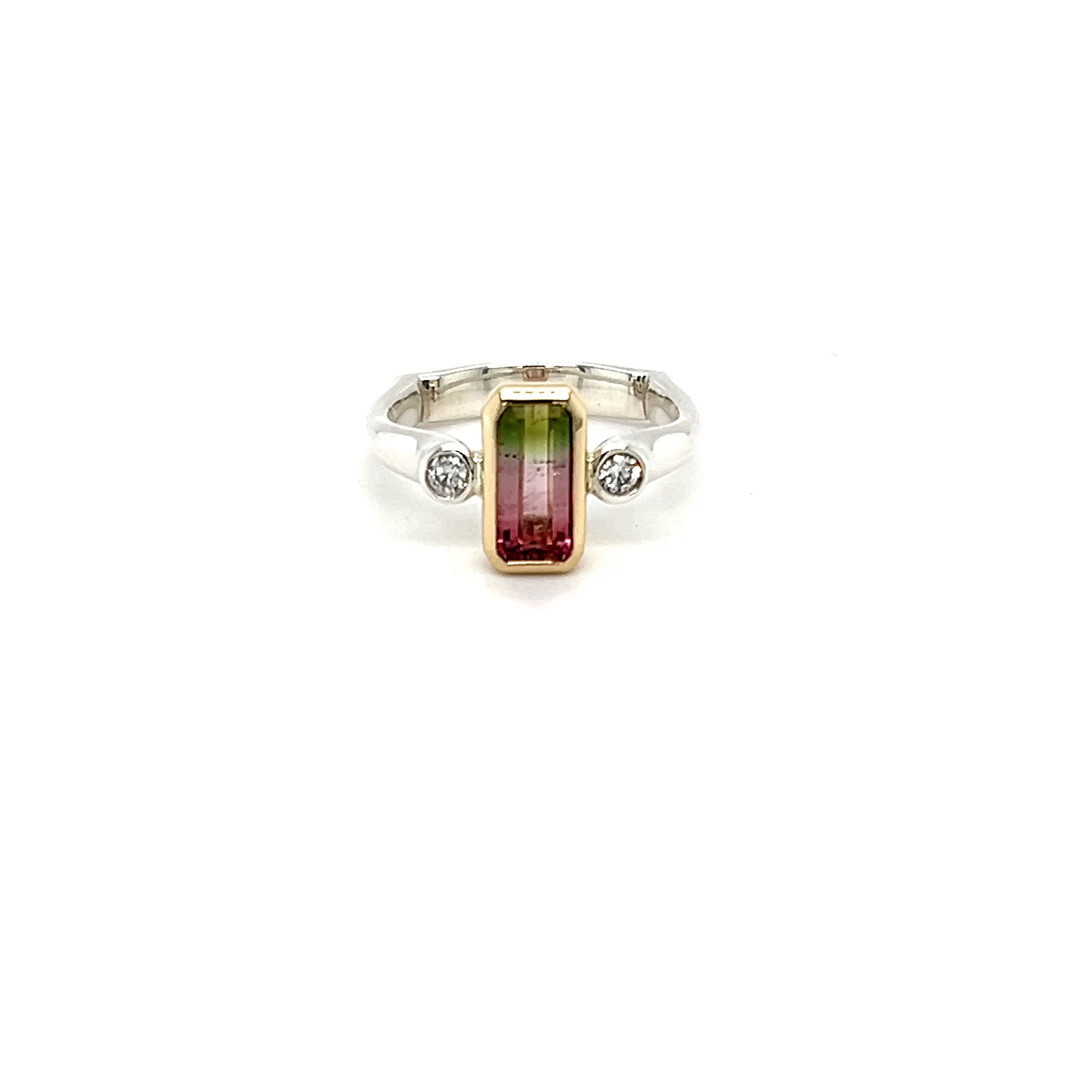 9ct Yellow Gold & Platinum Mix Silver Watermelon Tourmaline Ring