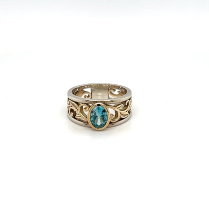 9ct Yellow Gold, Silver & Platinum Blue Zircon Ring