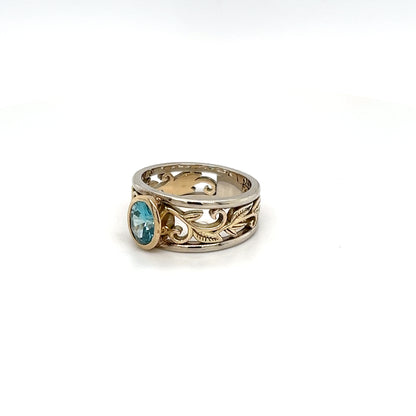 9ct Yellow Gold, Silver & Platinum Blue Zircon Ring