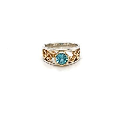 9ct Yellow Gold, Silver & Platinum Blue Zircon Ring