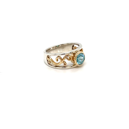9ct Yellow Gold, Silver & Platinum Blue Zircon Ring