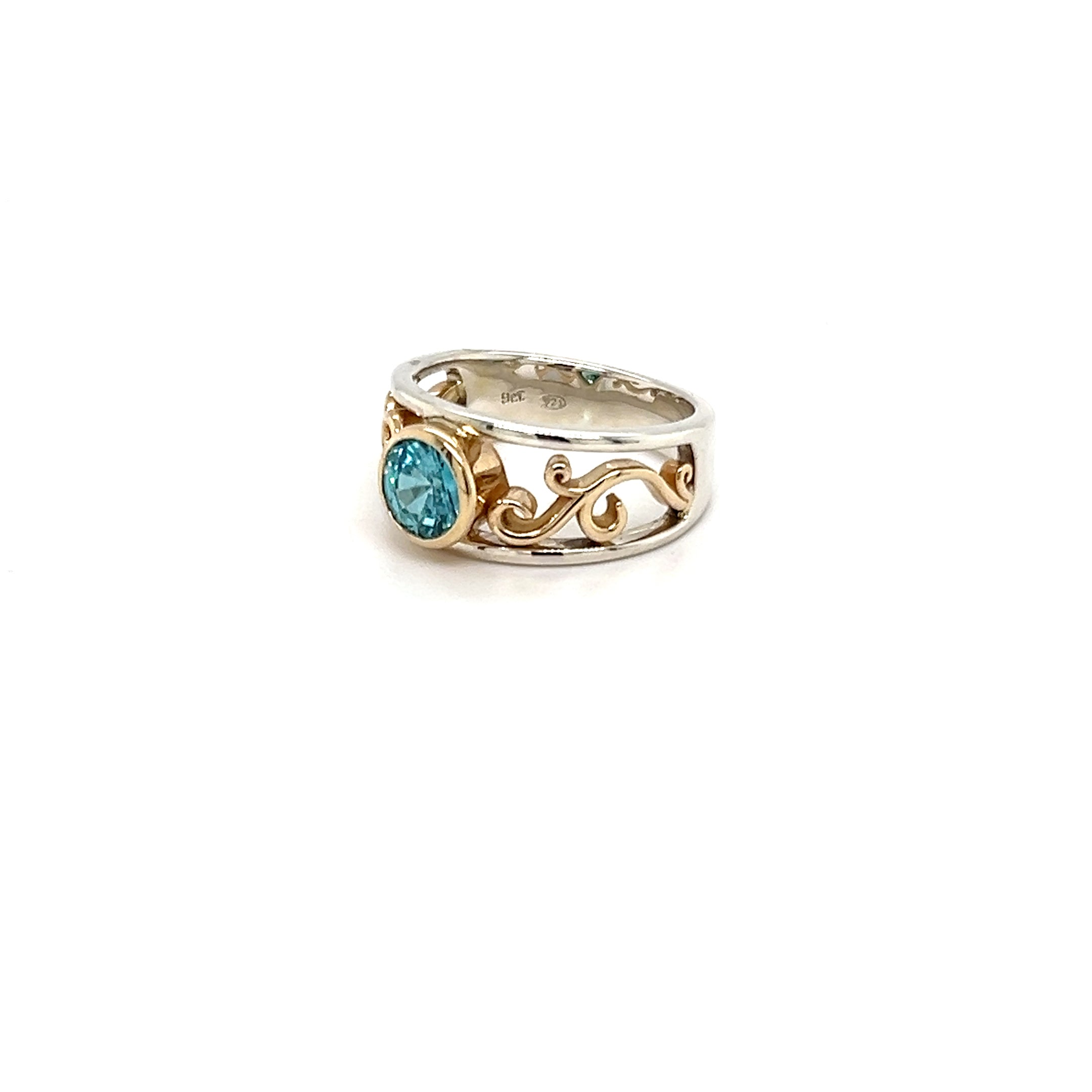 9ct Yellow Gold, Silver & Platinum Blue Zircon Ring