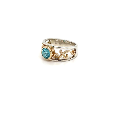 9ct Yellow Gold, Silver & Platinum Blue Zircon Ring