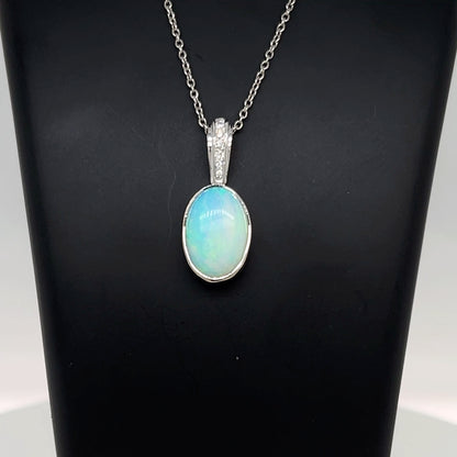 9ct White Gold Opal & Diamond Pendant
