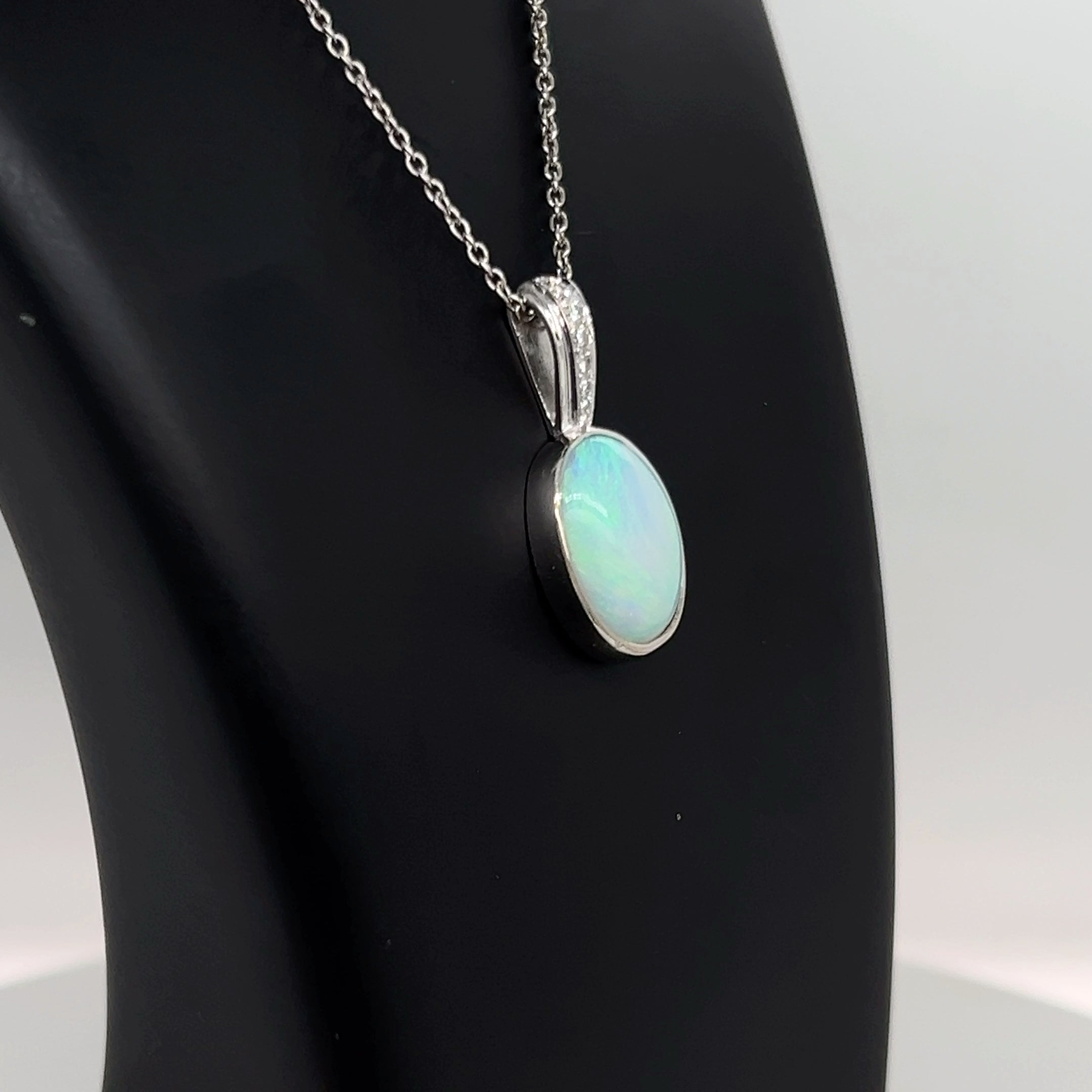 9ct White Gold Opal & Diamond Pendant