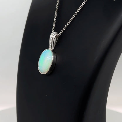 9ct White Gold Opal & Diamond Pendant