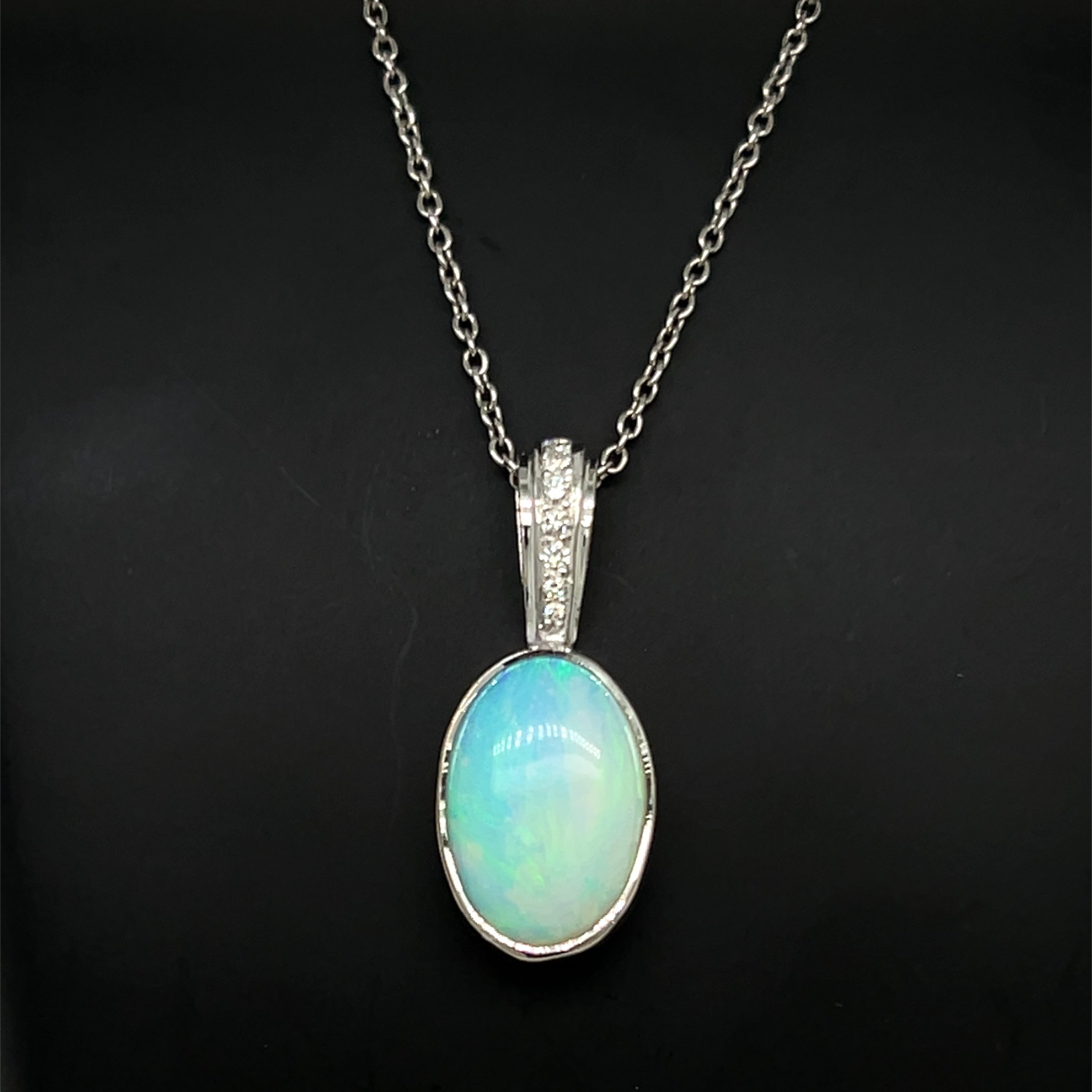 9ct White Gold Opal & Diamond Pendant