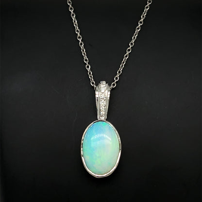 9ct White Gold Opal & Diamond Pendant