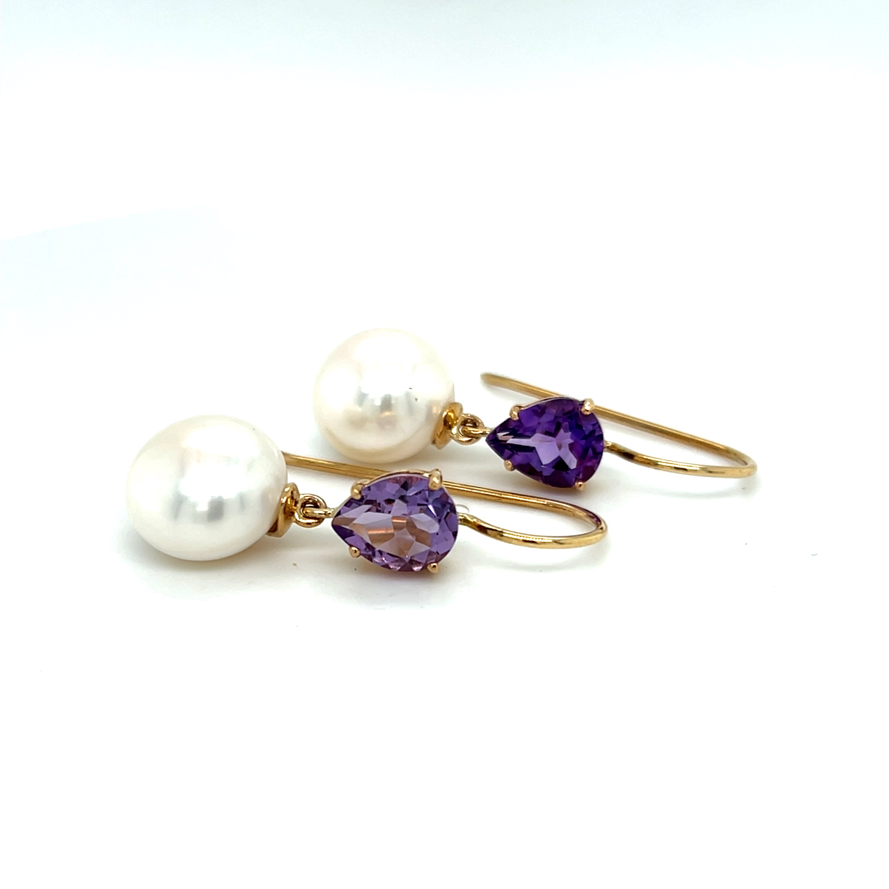 Yellow Gold Pearl and AMthyst Earrings