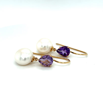 Yellow Gold Pearl and AMthyst Earrings