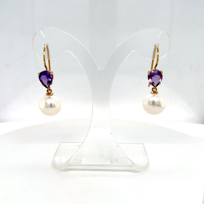 Yellow Gold Pearl and AMthyst Earrings