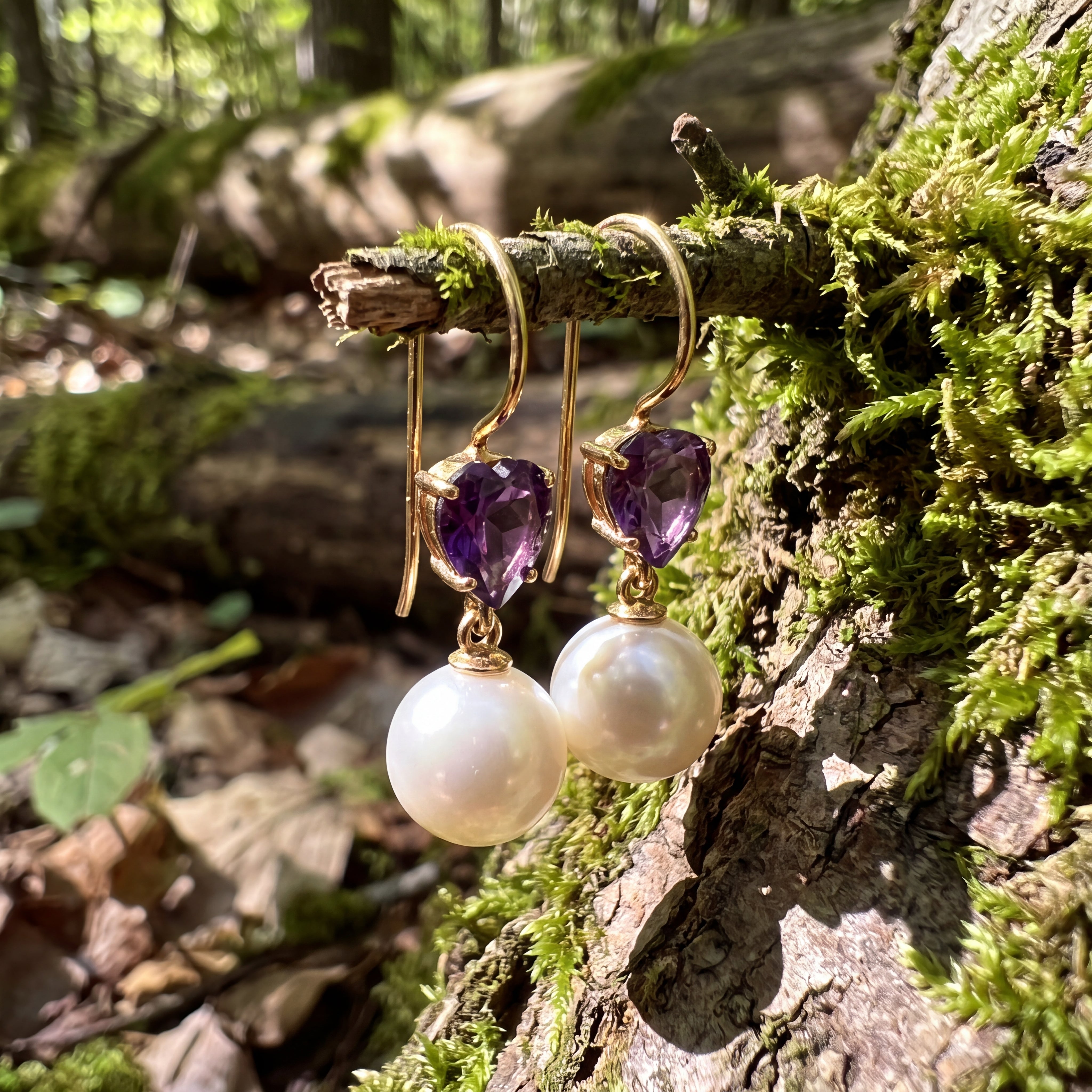 Yellow Gold Pearl and AMthyst Earrings