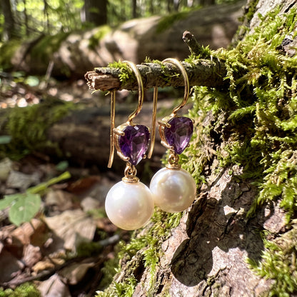 Yellow Gold Pearl and AMthyst Earrings