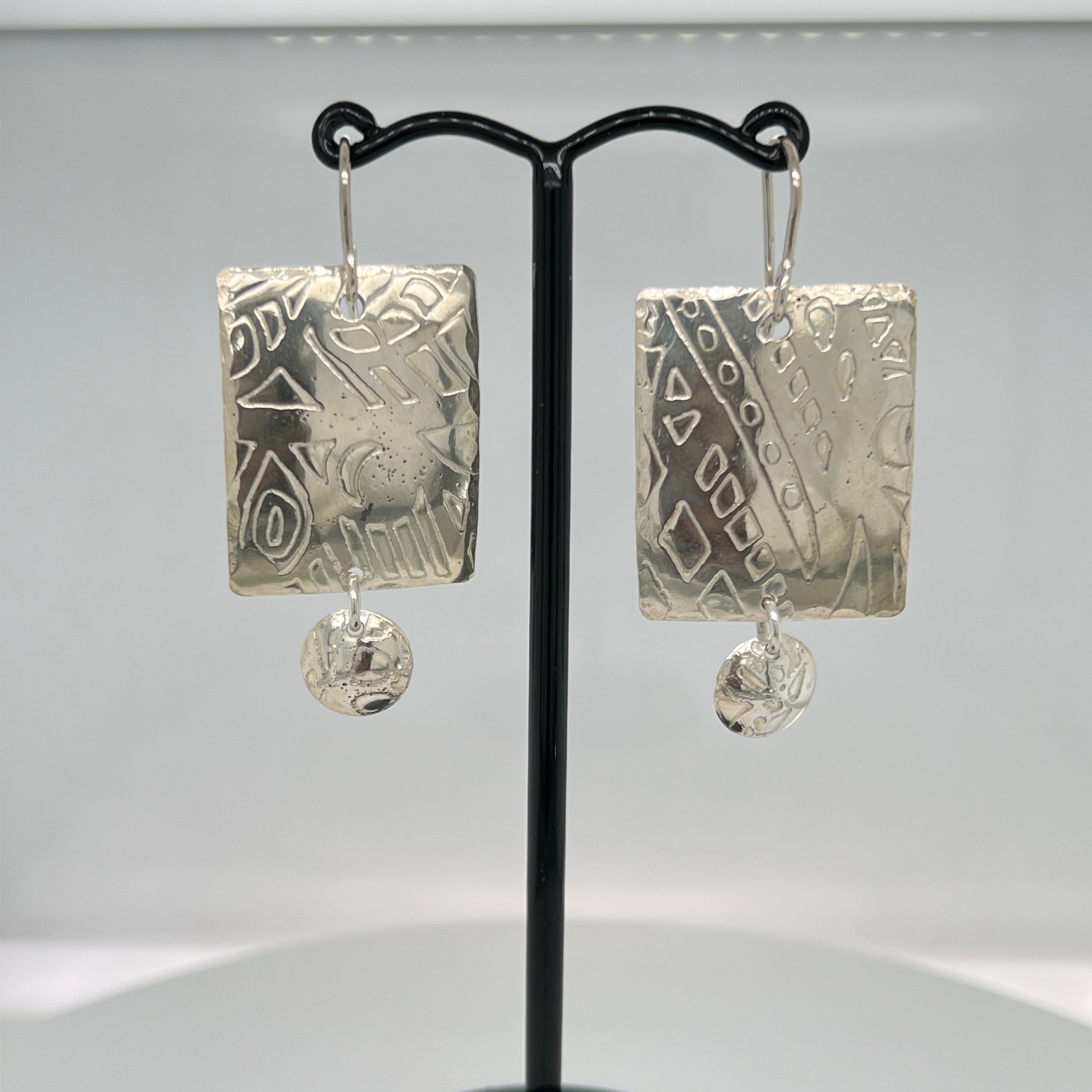 Rectangle and Small Disc Etched Sterling Silver Earrings