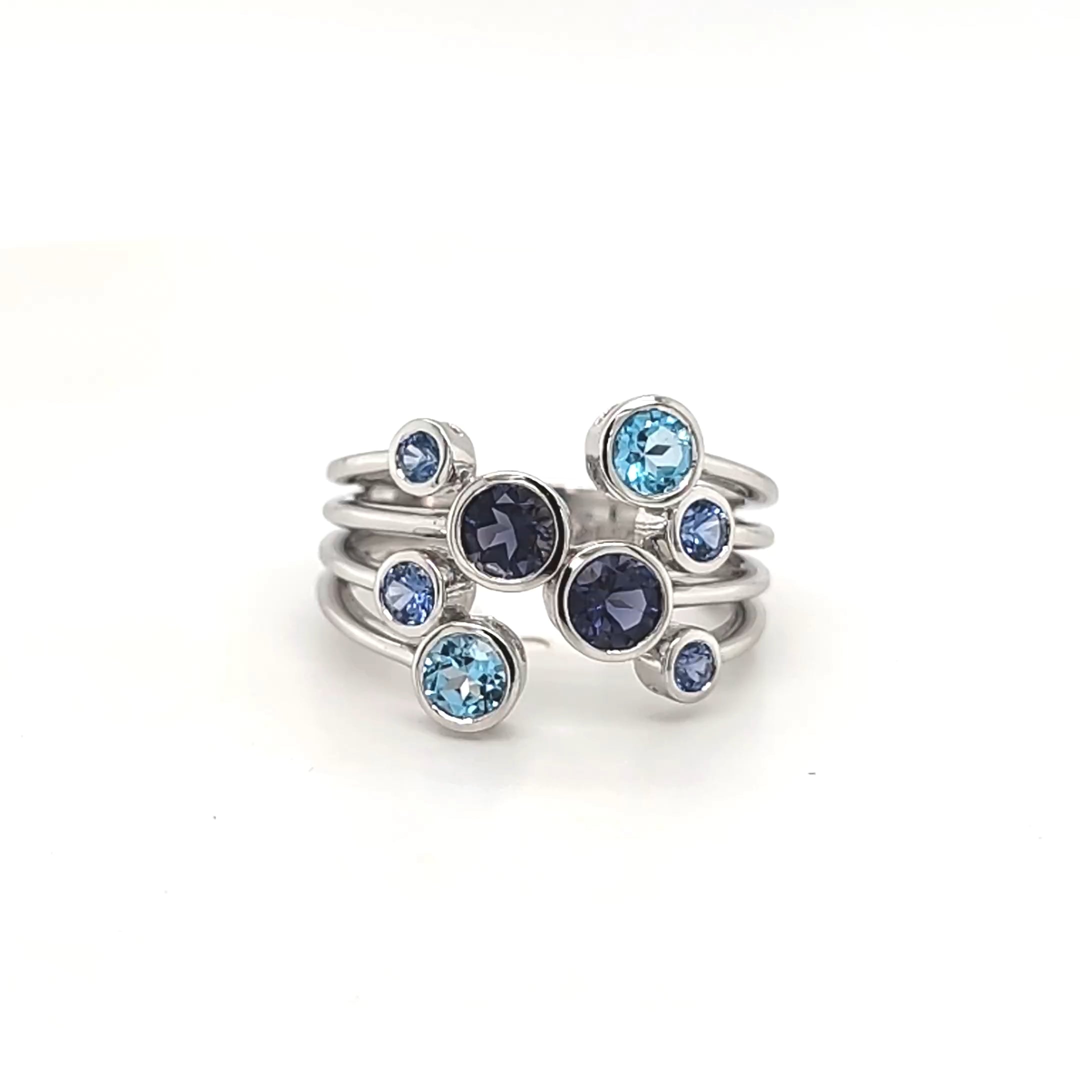 9ct White Gold Iolite, Ceylon Sapphire & Blue Topaz Ring