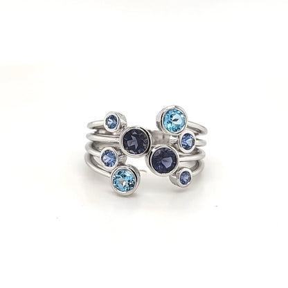 9ct White Gold Iolite, Ceylon Sapphire & Blue Topaz Ring