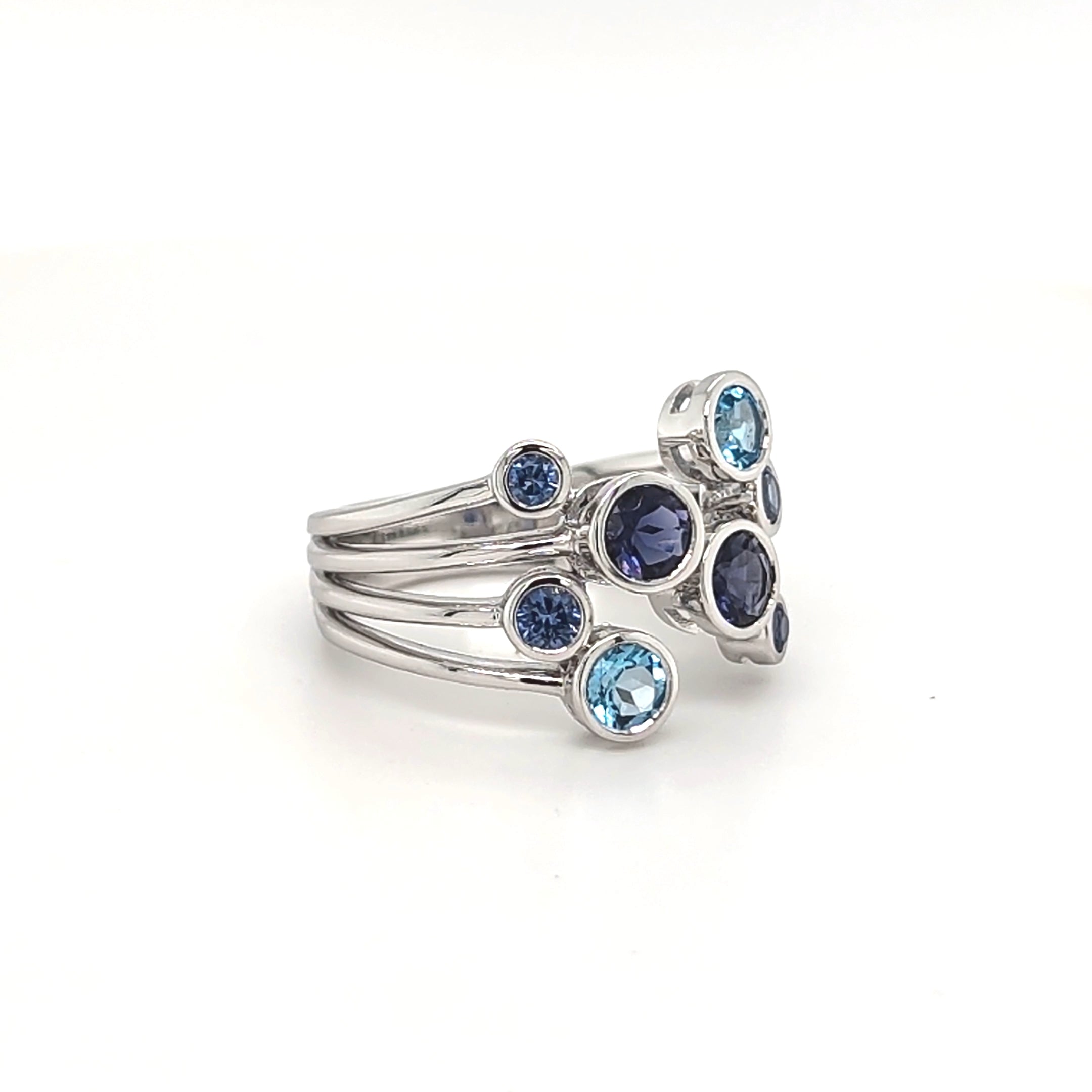 9ct White Gold Iolite, Ceylon Sapphire & Blue Topaz Ring