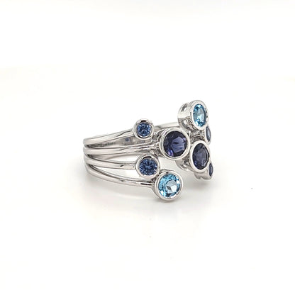 9ct White Gold Iolite, Ceylon Sapphire & Blue Topaz Ring