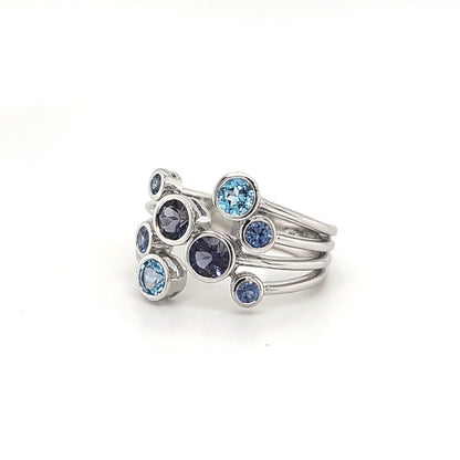9ct White Gold Iolite, Ceylon Sapphire & Blue Topaz Ring