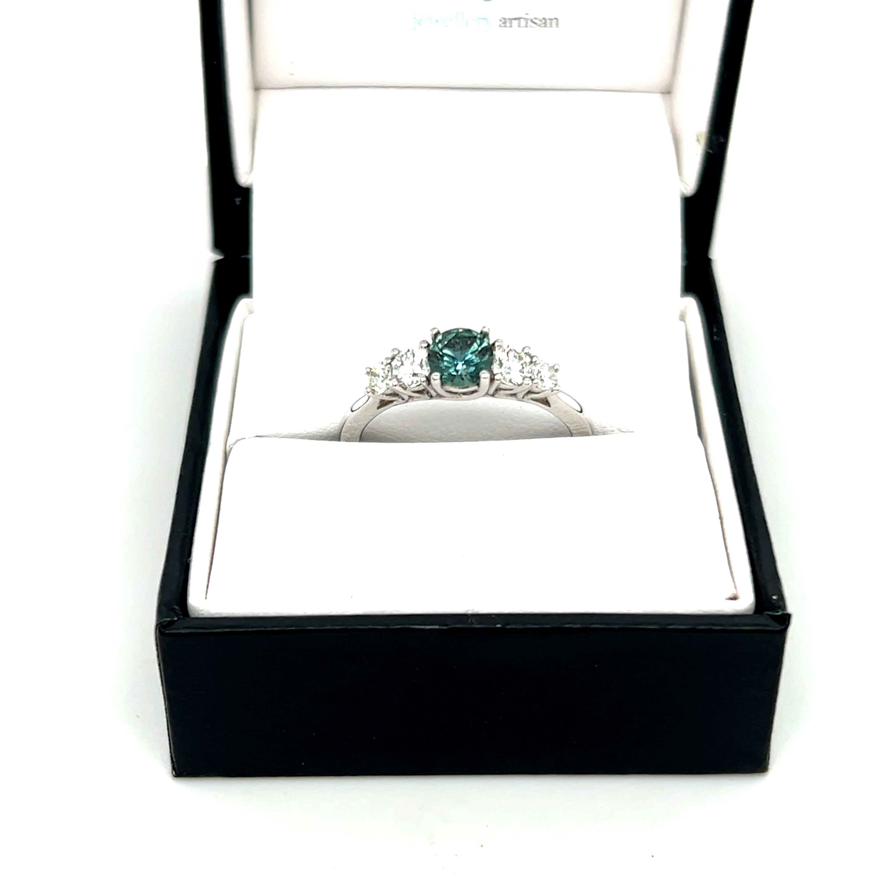 Teal Sapphire and Diamond White Gold Ring