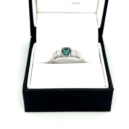 Teal Sapphire and Diamond White Gold Ring