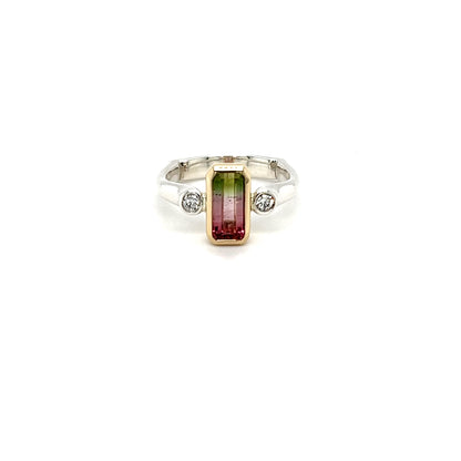 9ct Yellow Gold & Platinum Mix Silver Watermelon Tourmaline Ring