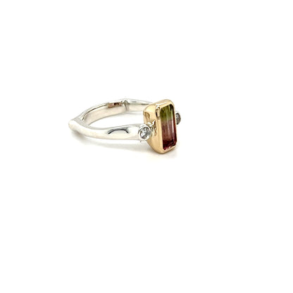 9ct Yellow Gold & Platinum Mix Silver Watermelon Tourmaline Ring