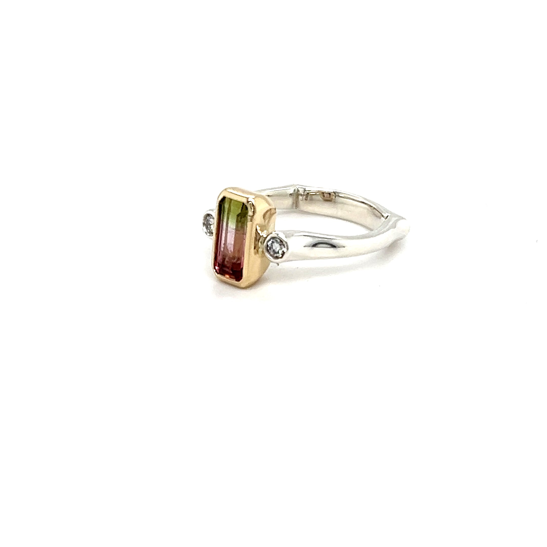 9ct Yellow Gold & Platinum Mix Silver Watermelon Tourmaline Ring