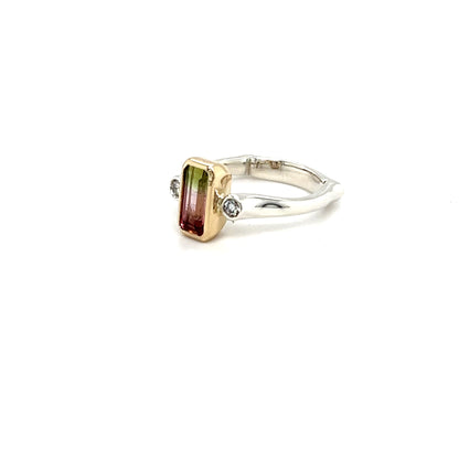 9ct Yellow Gold & Platinum Mix Silver Watermelon Tourmaline Ring