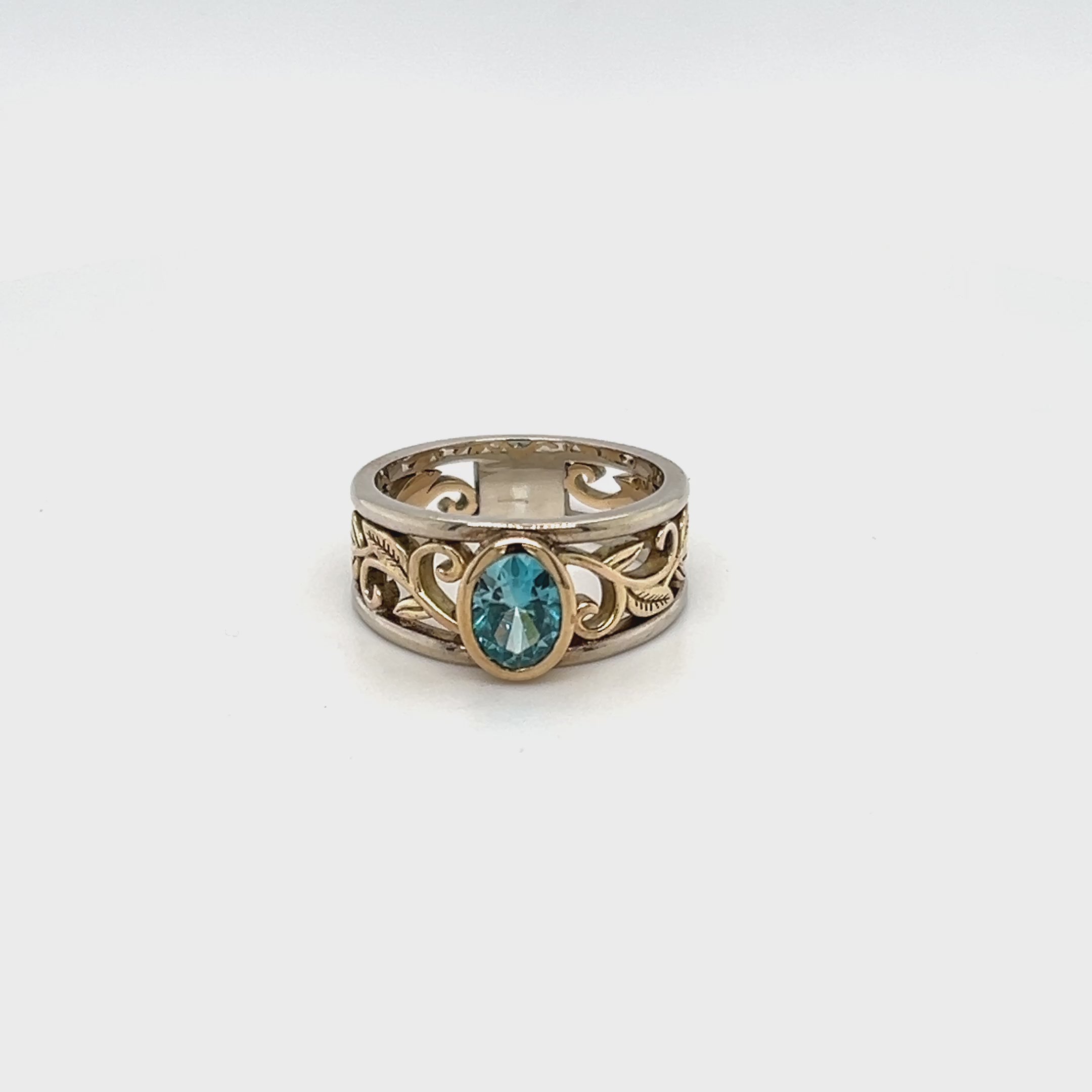 9ct Yellow Gold, Silver & Platinum Blue Zircon Ring