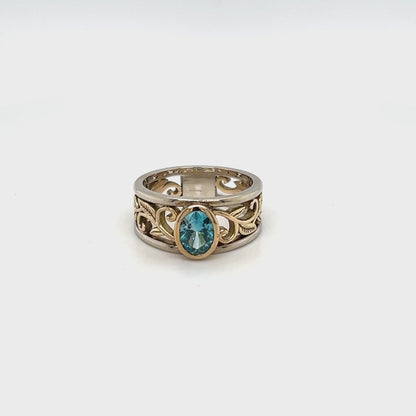 9ct Yellow Gold, Silver & Platinum Blue Zircon Ring