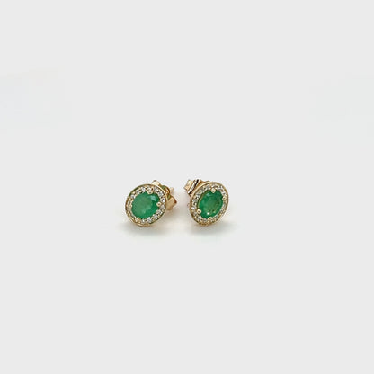 9ct Yellow Gold Oval Emerald and Diamond Earrings