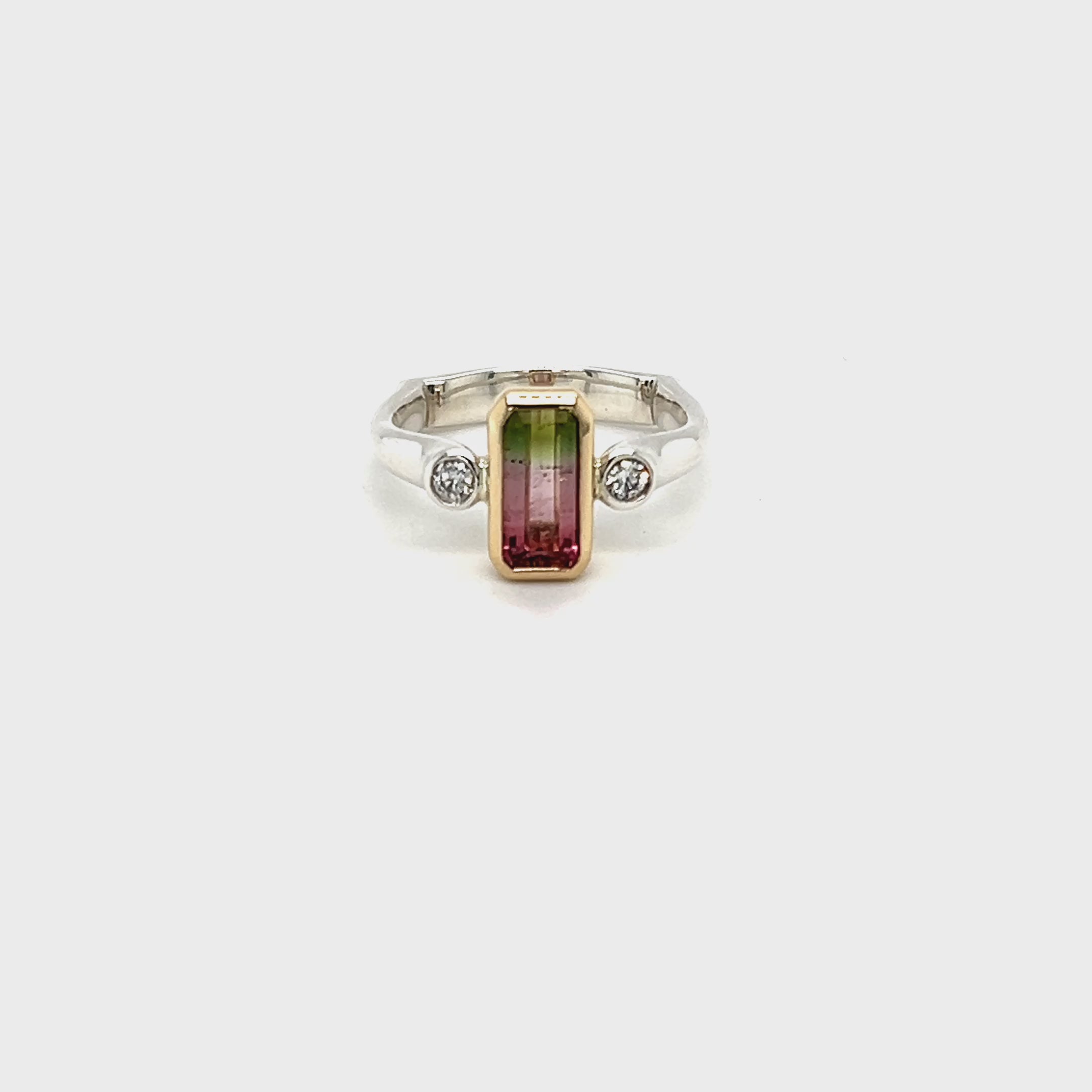 9ct Yellow Gold & Platinum Mix Silver Watermelon Tourmaline Ring