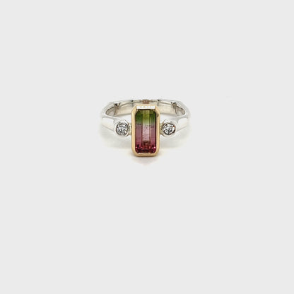 9ct Yellow Gold & Platinum Mix Silver Watermelon Tourmaline Ring