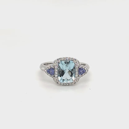 9ct White Gold Aquamarine, Tanzanite & Diamond Ring