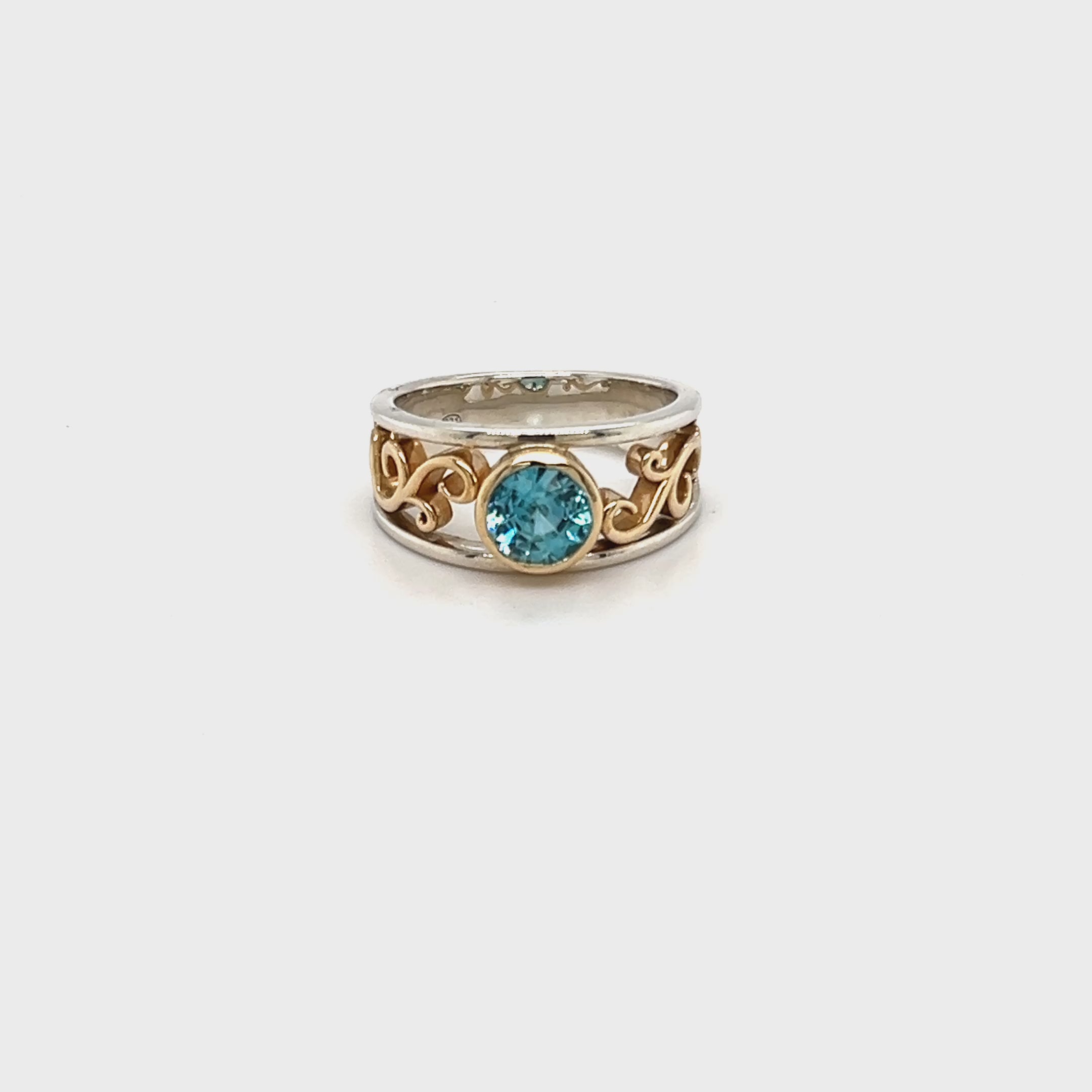 9ct Yellow Gold, Silver & Platinum Blue Zircon Ring