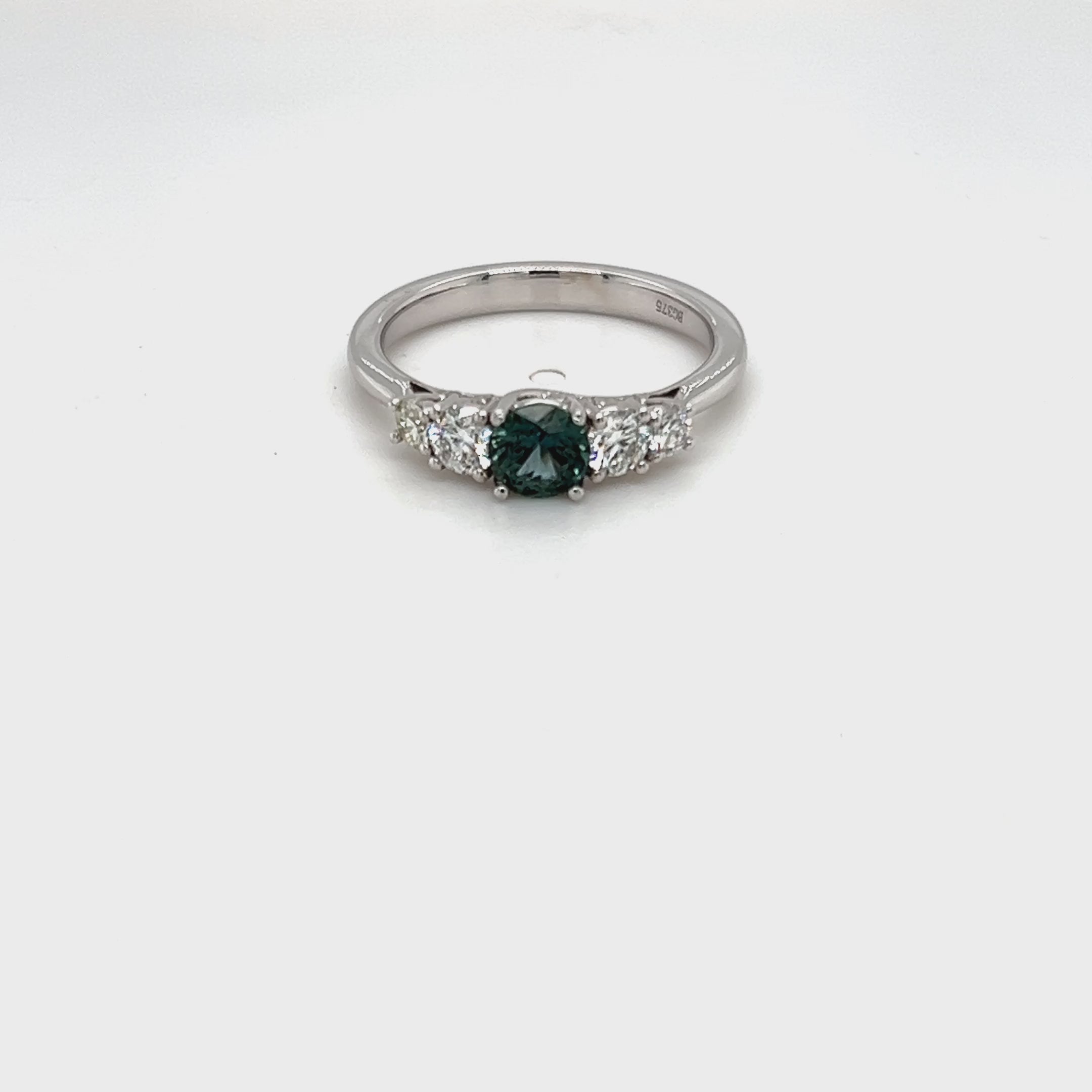 Load video: Teal Sapphire and Diamond White Gold Ring