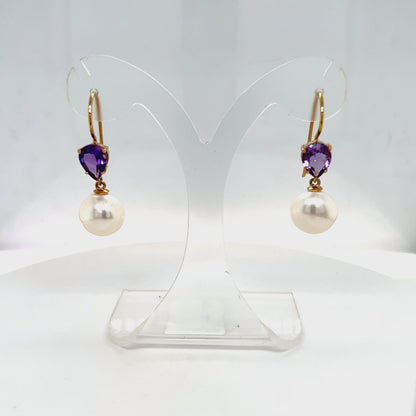 Yellow Gold Pearl and AMthyst Earrings