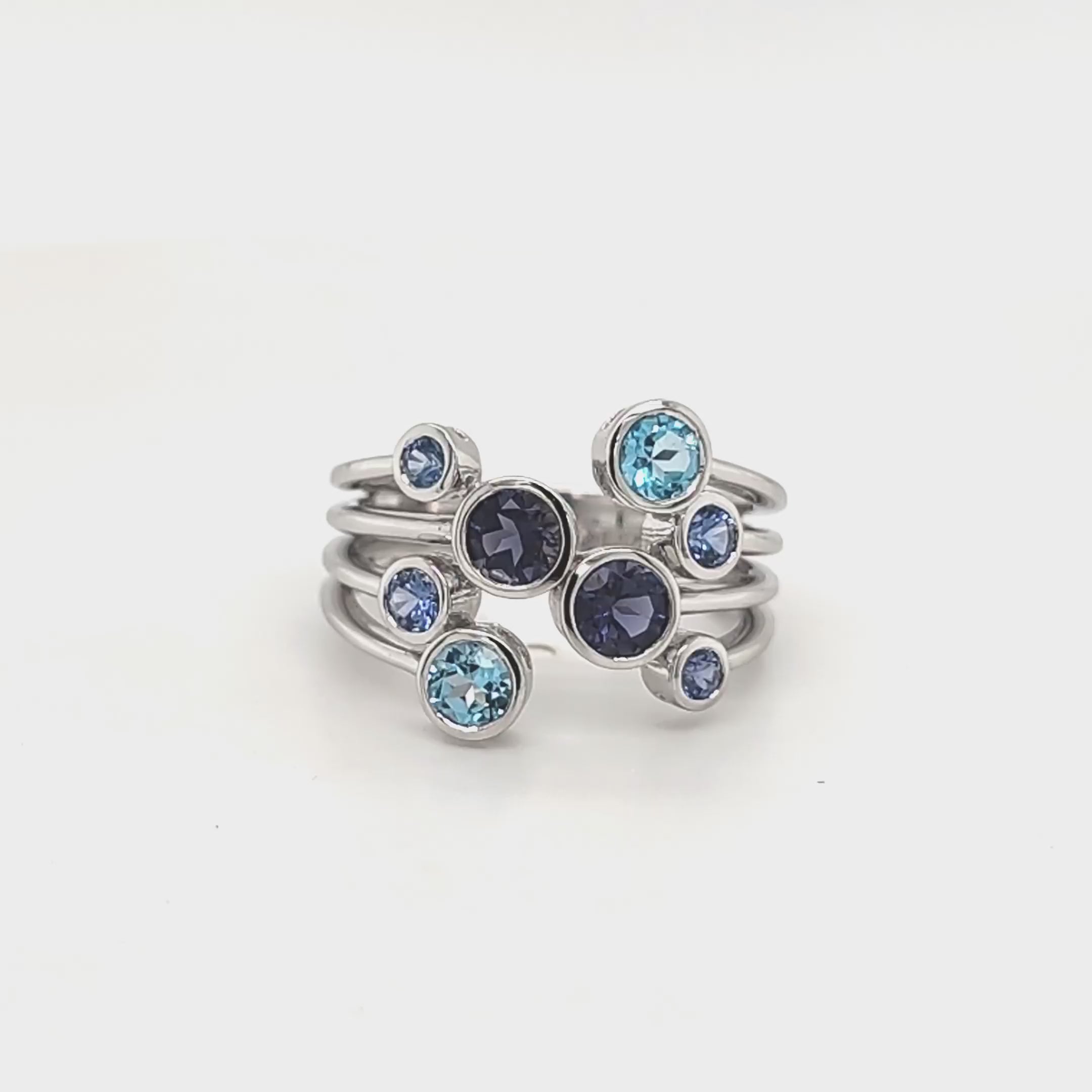 9ct White Gold Iolite, Ceylon Sapphire & Blue Topaz Ring