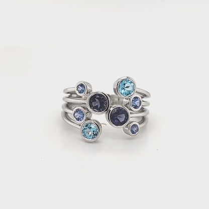 9ct White Gold Iolite, Ceylon Sapphire & Blue Topaz Ring
