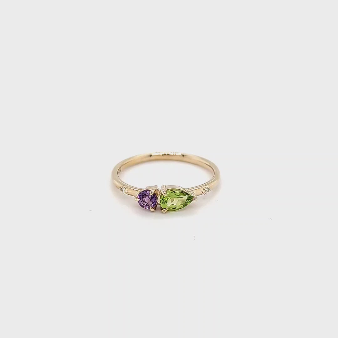 Load video: 9ct Yellow Gold Amethyst, Peridot &amp; Lab-Grown Diamond Ring