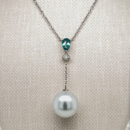 18ct White Gold South Sea Pearl & Blue-Green Tourmaline Pendant