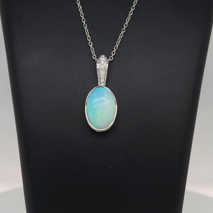 9ct White Gold Opal & Diamond Pendant